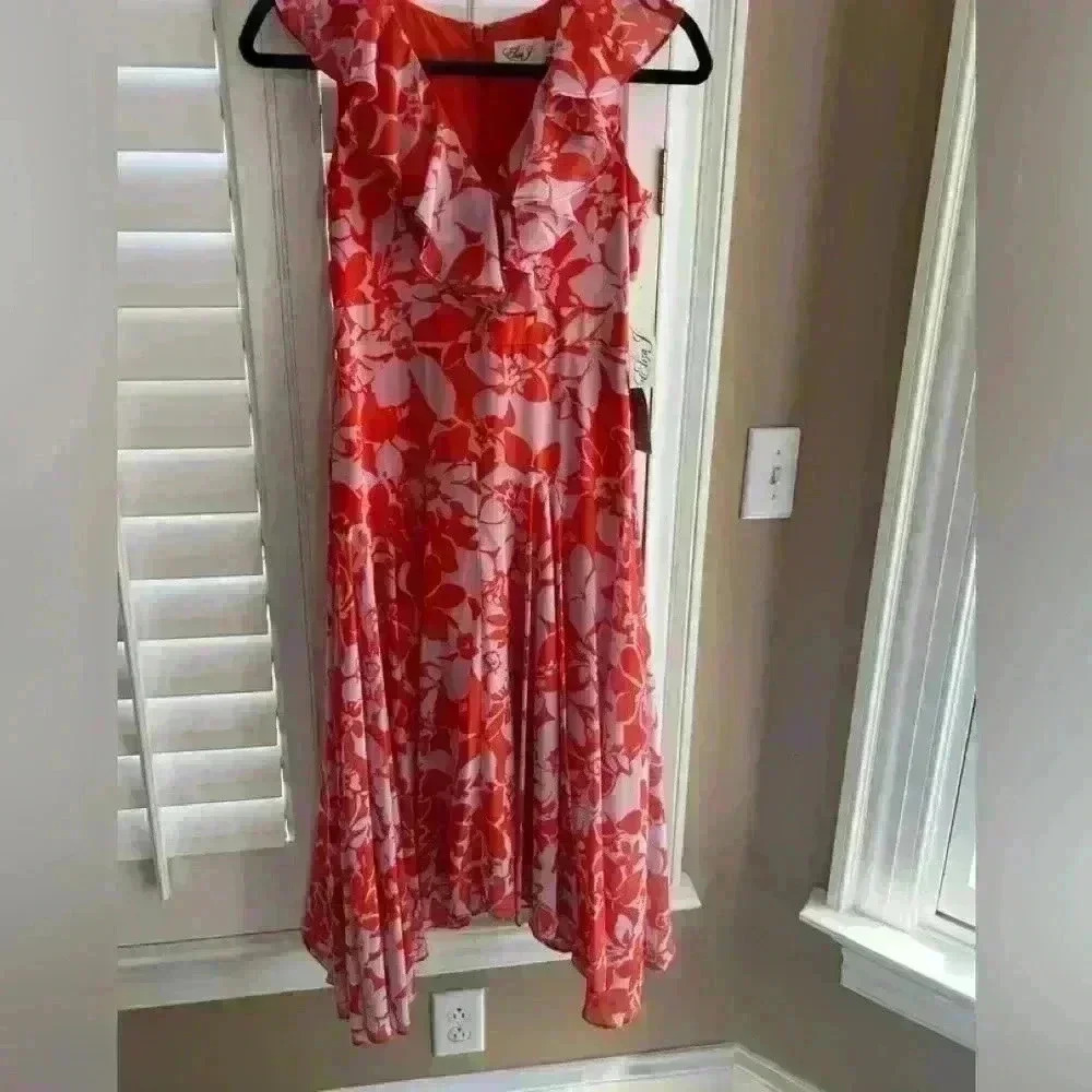 New with tags Eliza J Handkerchief Hem Midi Orange & Lilac dress - Picture 5 of 8